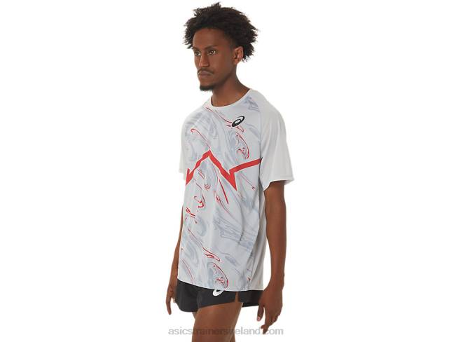 Men\s Cj-Line Light Short Sleeve Top Glacier Grey/Electric Red Asics XXPD258