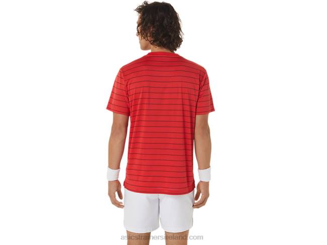 Men\s Court Stripe Short Sleeve Top Classic Red Asics XXPD493