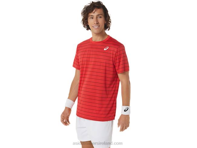 Men\s Court Stripe Short Sleeve Top Classic Red Asics XXPD493