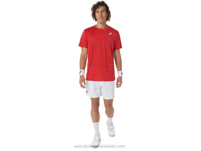 Men\s Court Stripe Short Sleeve Top Classic Red Asics XXPD493