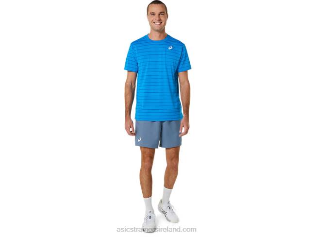 Men\s Court Stripe Short Sleeve Top Directoire Blue Asics XXPD411