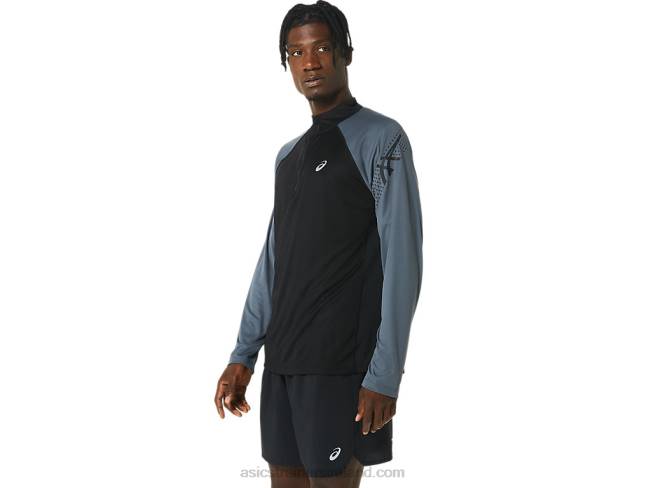 Men\s Icon Long Sleeve 1/2 Zip Performance Black/Carrier Grey Asics XXPD463