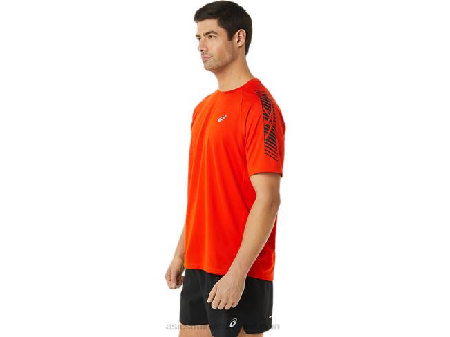 Men\s Icon Short Sleeve Top Cherry Tomato/Performance Black Asics XXPD1048