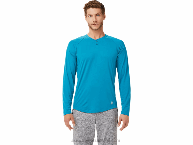 Mens Perf Long Sleeve Henley Teal Blue Heather Asics XXPD2026