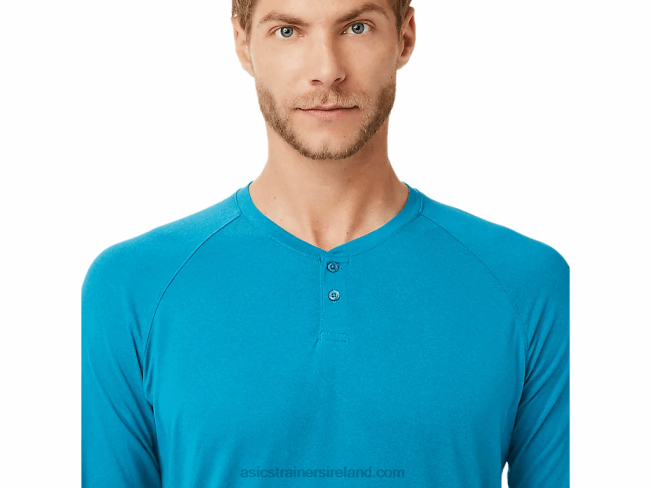 Men\s Perf Long Sleeve Henley Teal Blue Heather Asics XXPD2026