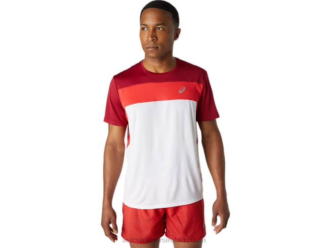 Mens Race Short Sleeve Top Brilliant White/Burgundy Asics XXPD1728