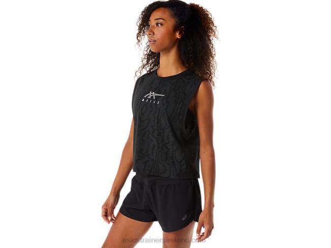 Women\s Allover Printed Muscle Crop Performance Black Asics XXPD3145