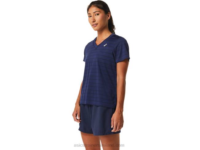 Women\s Court Stripe Short Sleeve Top Midnight Asics XXPD2550