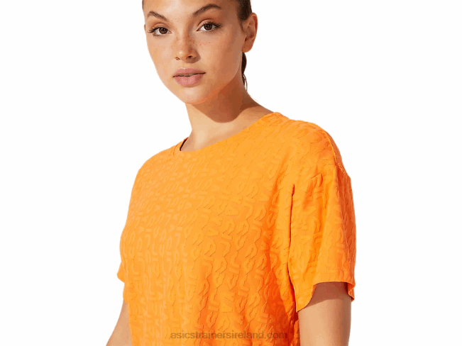 Women\s Cropped Logo Jacquard Short Sleeve Sun Peach Asics XXPD3932