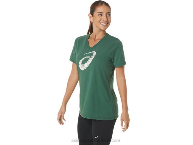 Women\s Holiday Lights Logo V-Neck Hunter Green Asics XXPD2843