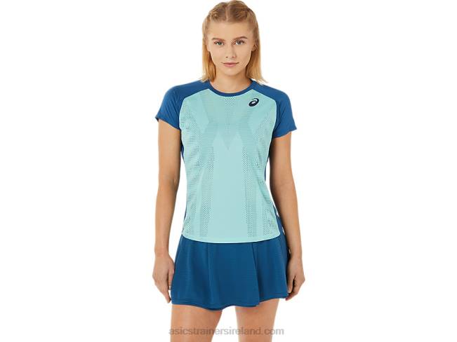 Womens Match Graphic Short Sleeve Tee Oasis Green/Light Indigo Asics XXPD3526