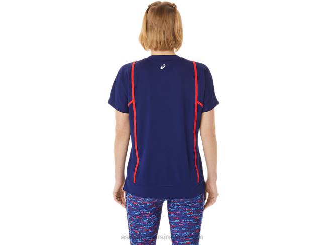 Women\s New Strong 92 Short Sleeve Top Dive Blue/Red Alert Asics XXPD3056