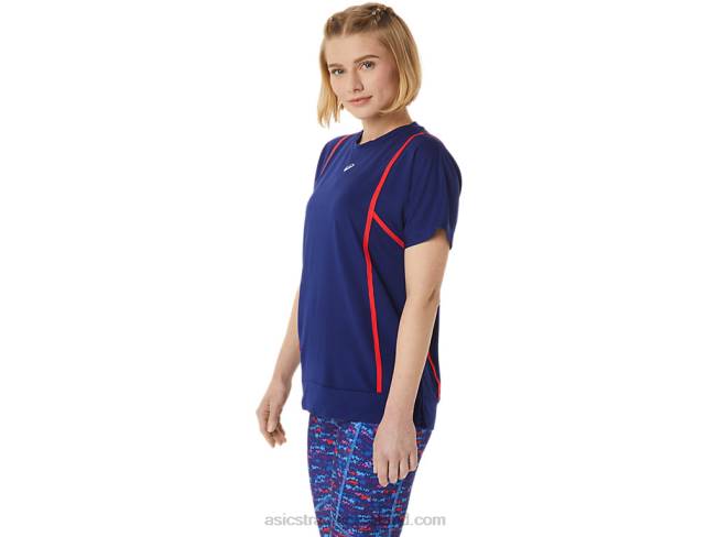 Women\s New Strong 92 Short Sleeve Top Dive Blue/Red Alert Asics XXPD3056