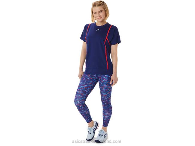 Women\s New Strong 92 Short Sleeve Top Dive Blue/Red Alert Asics XXPD3056