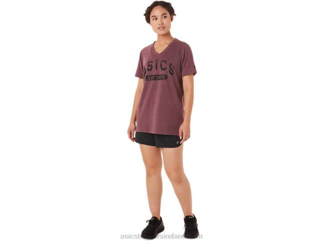 Women\s Short Sleeve Est 1977 V-Neck Tee Deep Mars Heather Asics XXPD3421