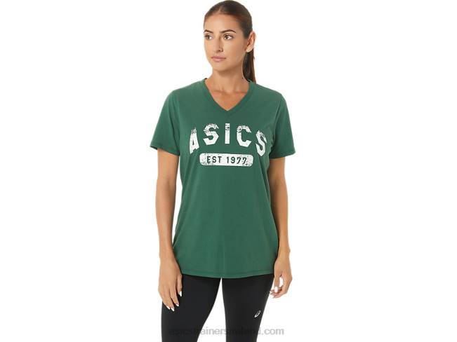 Womens Short Sleeve Est 1977 V-Neck Tee Hunter Green Heather Asics XXPD2726