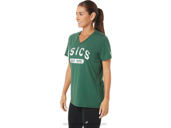 Women\s Short Sleeve Est 1977 V-Neck Tee Hunter Green Heather Asics XXPD2726