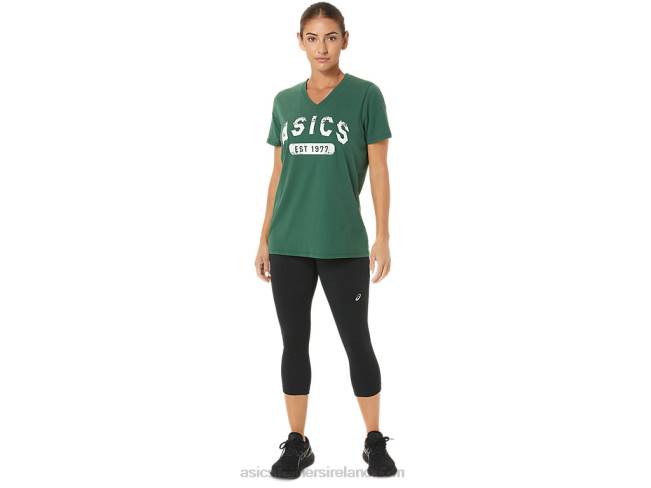 Women\s Short Sleeve Est 1977 V-Neck Tee Hunter Green Heather Asics XXPD2726