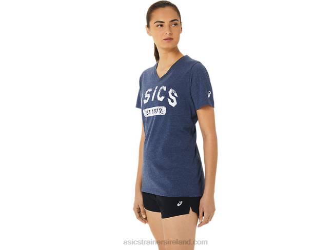 Women\s Short Sleeve Est 1977 V-Neck Tee Peacoat Heather Asics XXPD3202