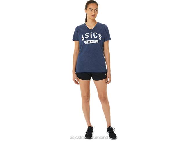 Women\s Short Sleeve Est 1977 V-Neck Tee Peacoat Heather Asics XXPD3202