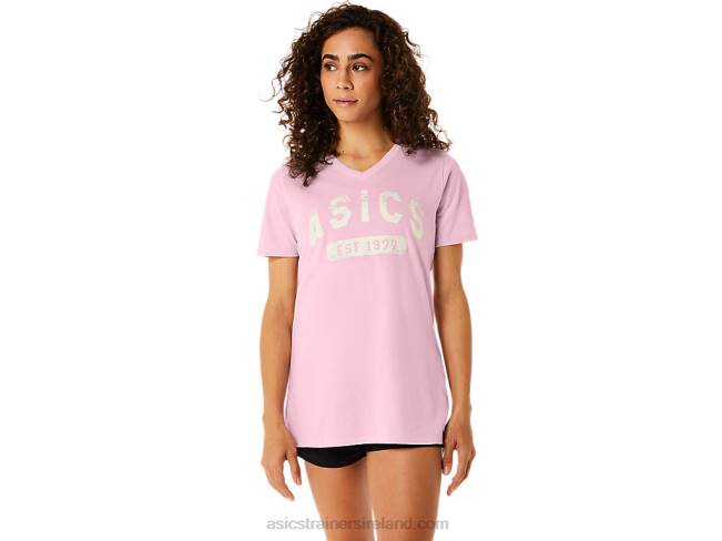 Womens Short Sleeve Est 1977 V-Neck Tee Pink Salt Asics XXPD2275