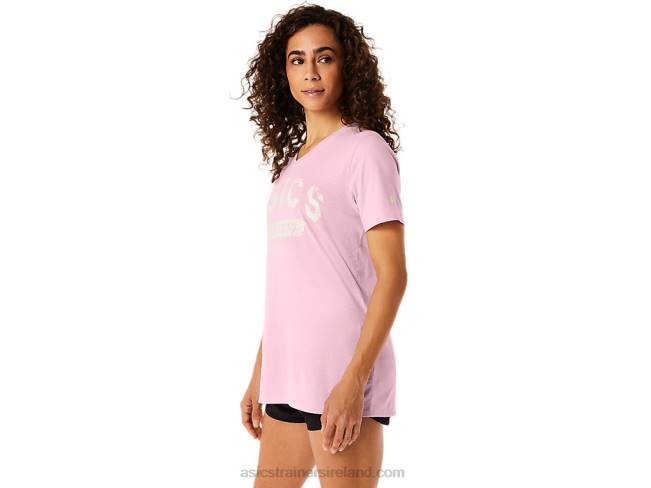 Women\s Short Sleeve Est 1977 V-Neck Tee Pink Salt Asics XXPD2275