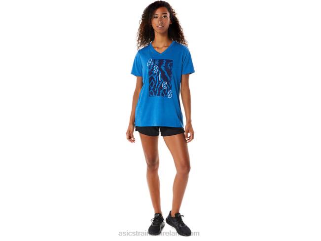 Women\s Short Sleeve Print V-Neck Lake Drive Heather Asics XXPD2818