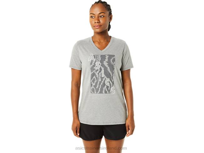 Womens Short Sleeve Print V-Neck Medium Grey Heather Asics XXPD3626