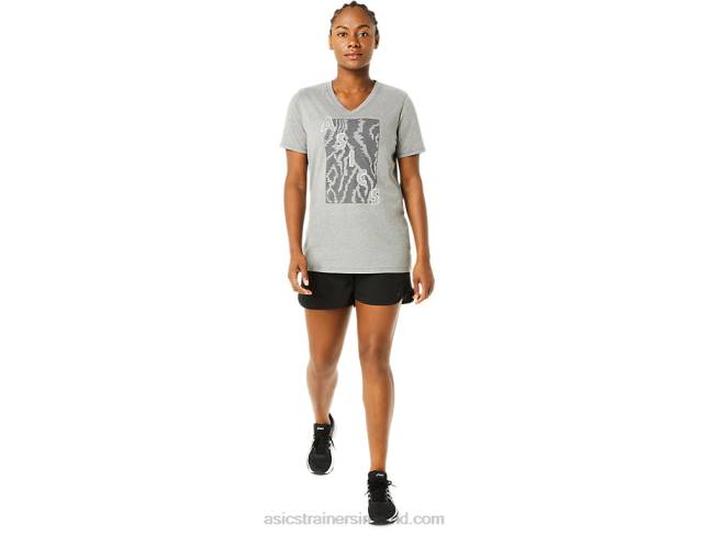 Women\s Short Sleeve Print V-Neck Medium Grey Heather Asics XXPD3626