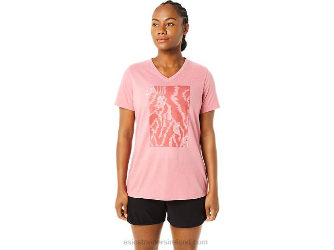 Womens Short Sleeve Print V-Neck Smokey Rose Heather Asics XXPD3707