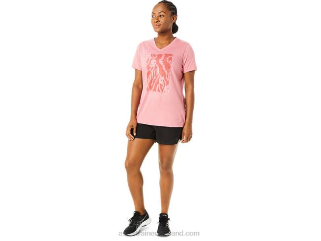 Women\s Short Sleeve Print V-Neck Smokey Rose Heather Asics XXPD3707