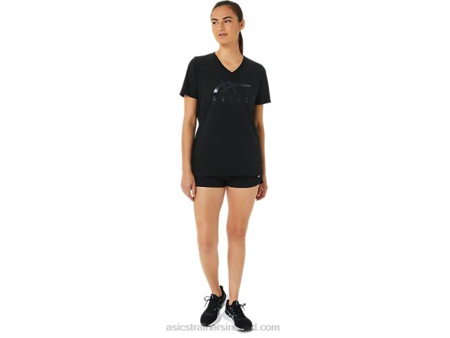 Women\s Stripes V-Neck Black Shine Asics XXPD3199