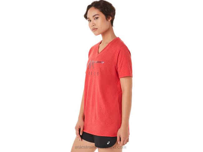 Women\s Stripes V-Neck Classic Red Heather Asics XXPD3422