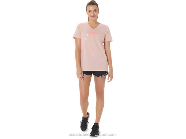 Women\s Stripes V-Neck Frosted Rose Asics XXPD3047