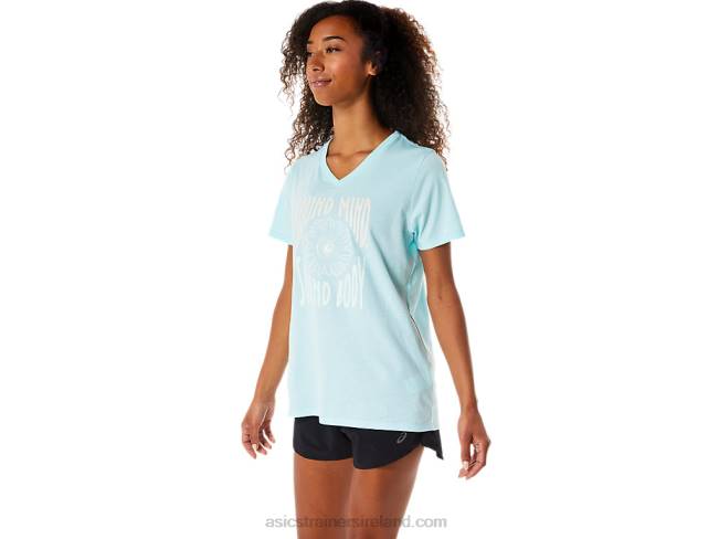 Women\s Sunflower Slogan V-Neck Clear Blue Asics XXPD3144