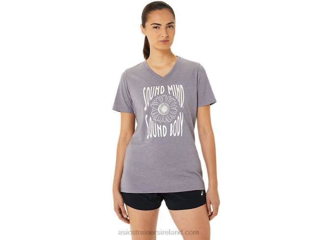 Women\s Sunflower Slogan V-Neck Lavender Grey Heather Asics XXPD3201