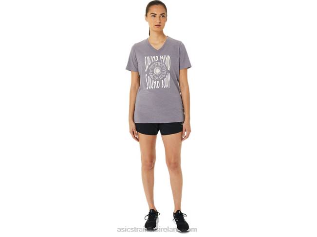 Women\s Sunflower Slogan V-Neck Lavender Grey Heather Asics XXPD3201