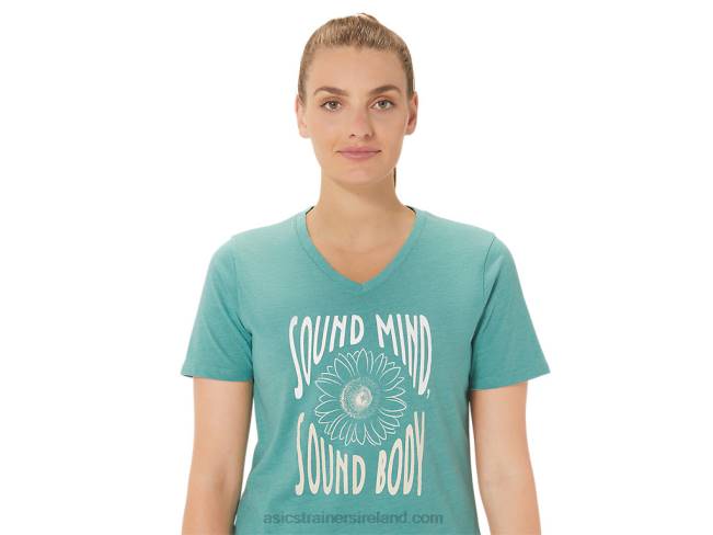 Women\s Sunflower Slogan V-Neck Sage Heather Asics XXPD2814