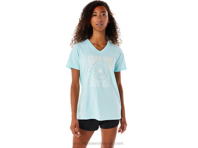 Women's Sunflower Slogan V-Neck Clear Blue Asics XXPD3144